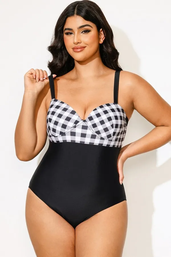 Lady Plaid Print Underwire One Piece Swimsuit