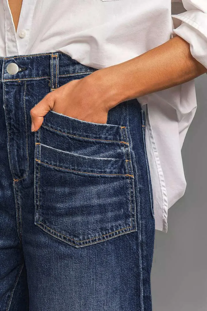 Wash Stitch Detail Raw Hem Wide Leg Mid Rise Jeans