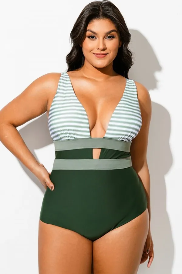 Green Striped Cut Out One Piece Swimsuit