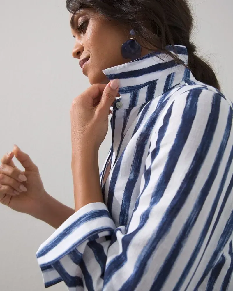 No-Iron Linen Stripe Tunic Classic Navy