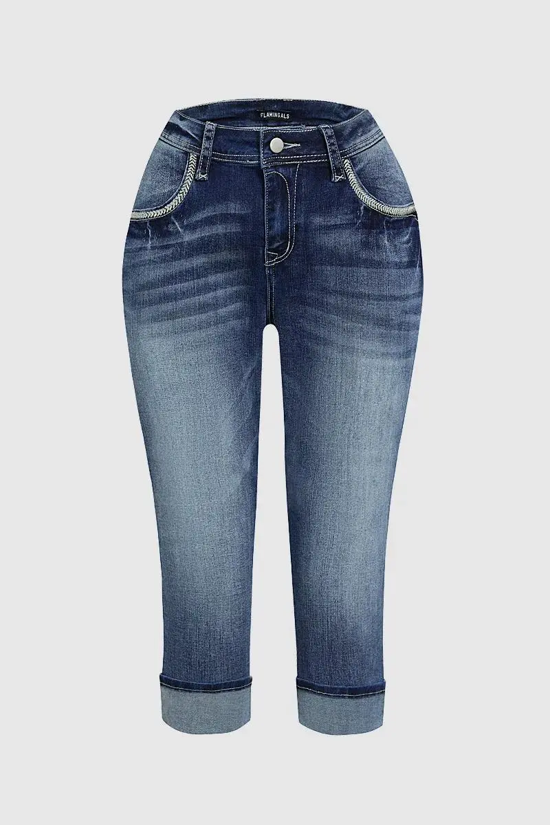 Wash High Stretch Roll Hem Mid Rise Skinny Jeans
