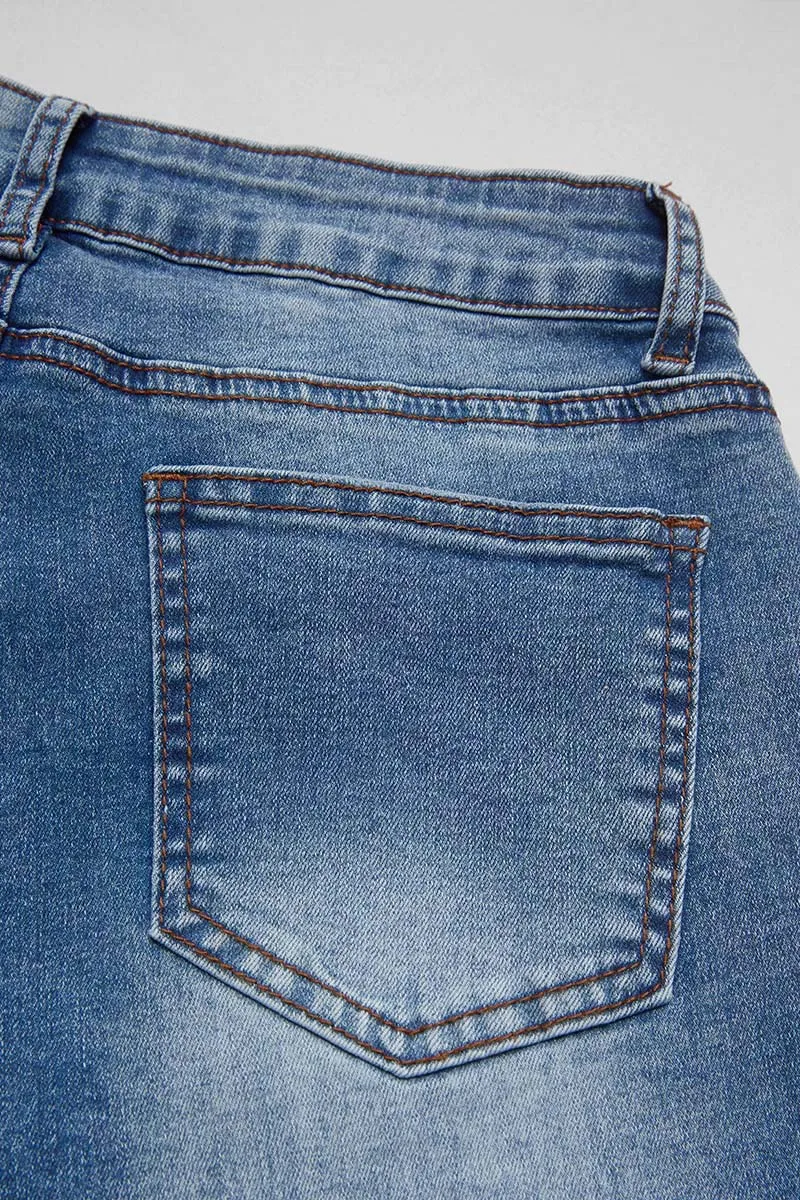 Roll Hem Mid Waist Crop Straight Leg Jeans Without Belt