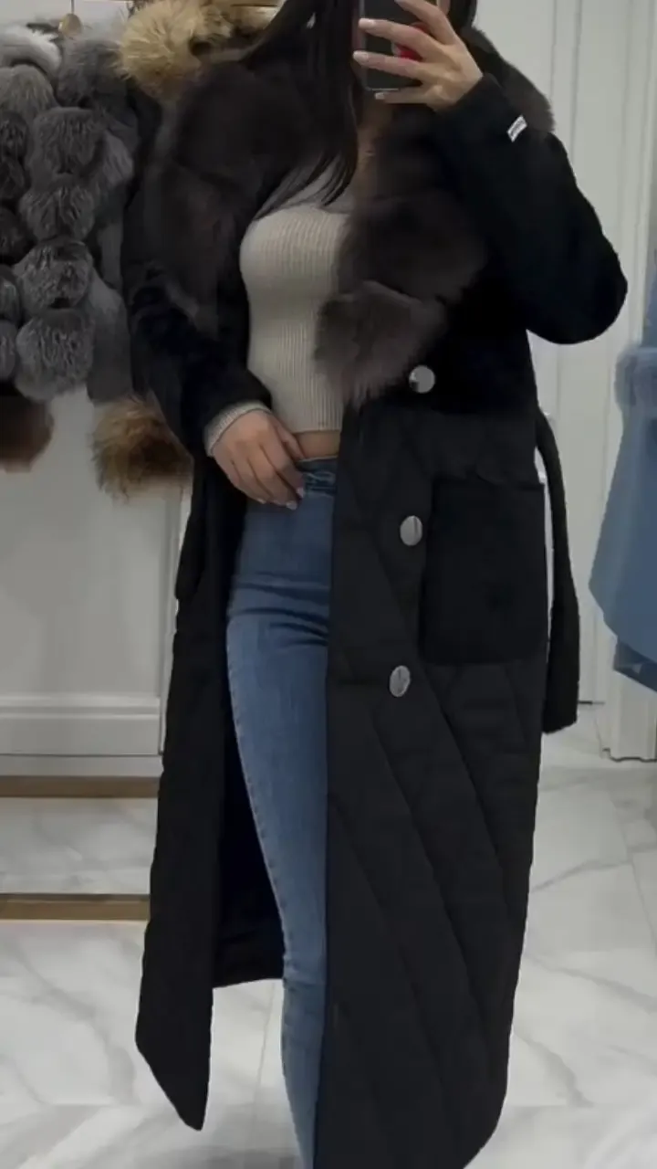 Women's Large Lapel Fur Patchwork Sleeves Contrast Color Long Coat