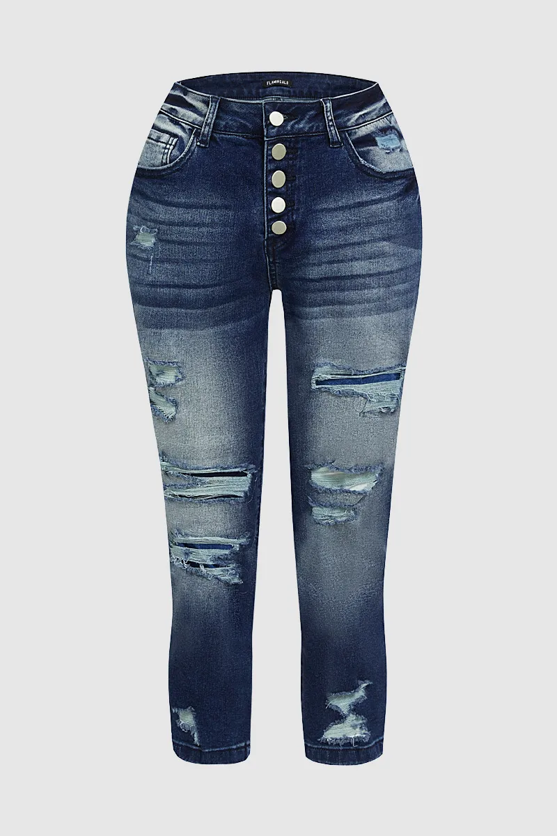 Cut Out Button Fly Roll Hem High Waist Capri Jeans