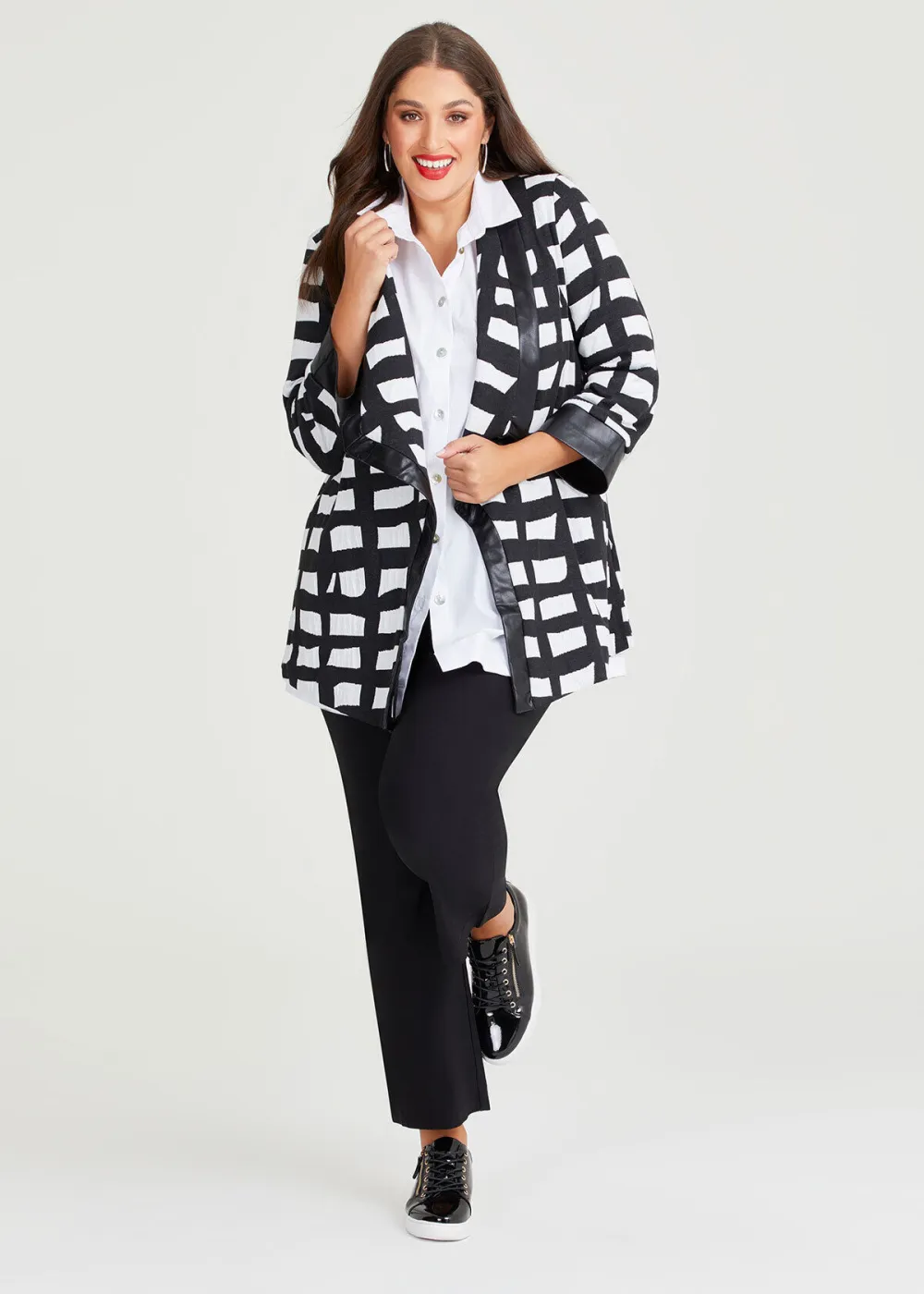 Faux Leather Trim Cube Knit Jacket