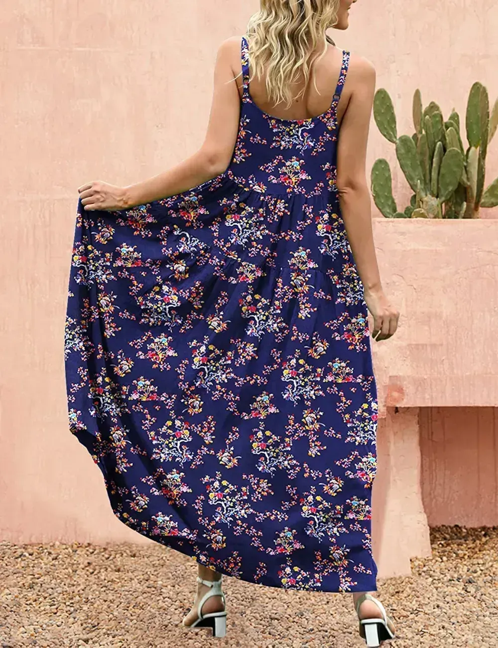 Summer Dresses for Women Casual Loose Bohemian Floral Dress with Pockets Spaghetti Strap Maxi Dress E75