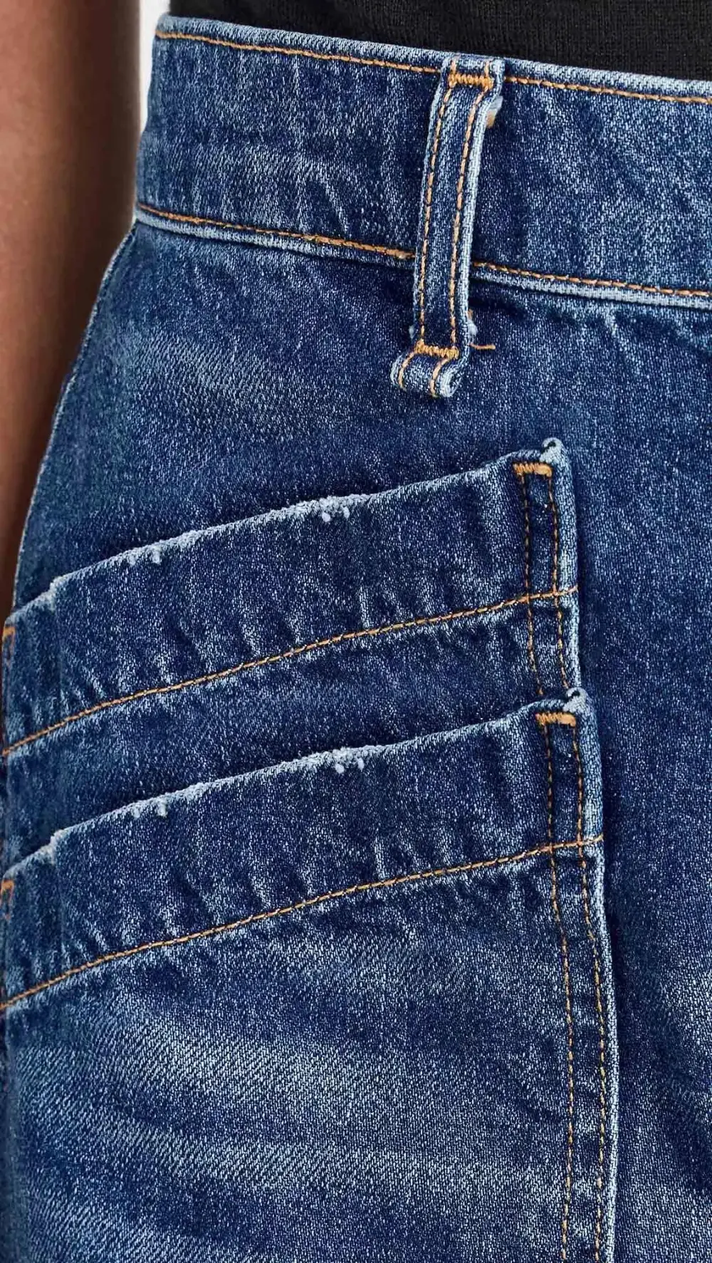 Wash Stitch Detail Layered Pocket High Waist Denim Mid Thigh Shorts