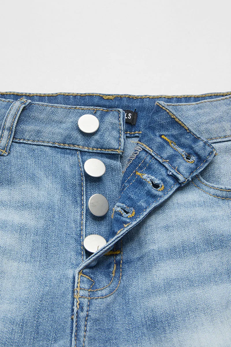 Embroidery Ripped Raw Hem Button Fly Mid Rise Denim Shorts