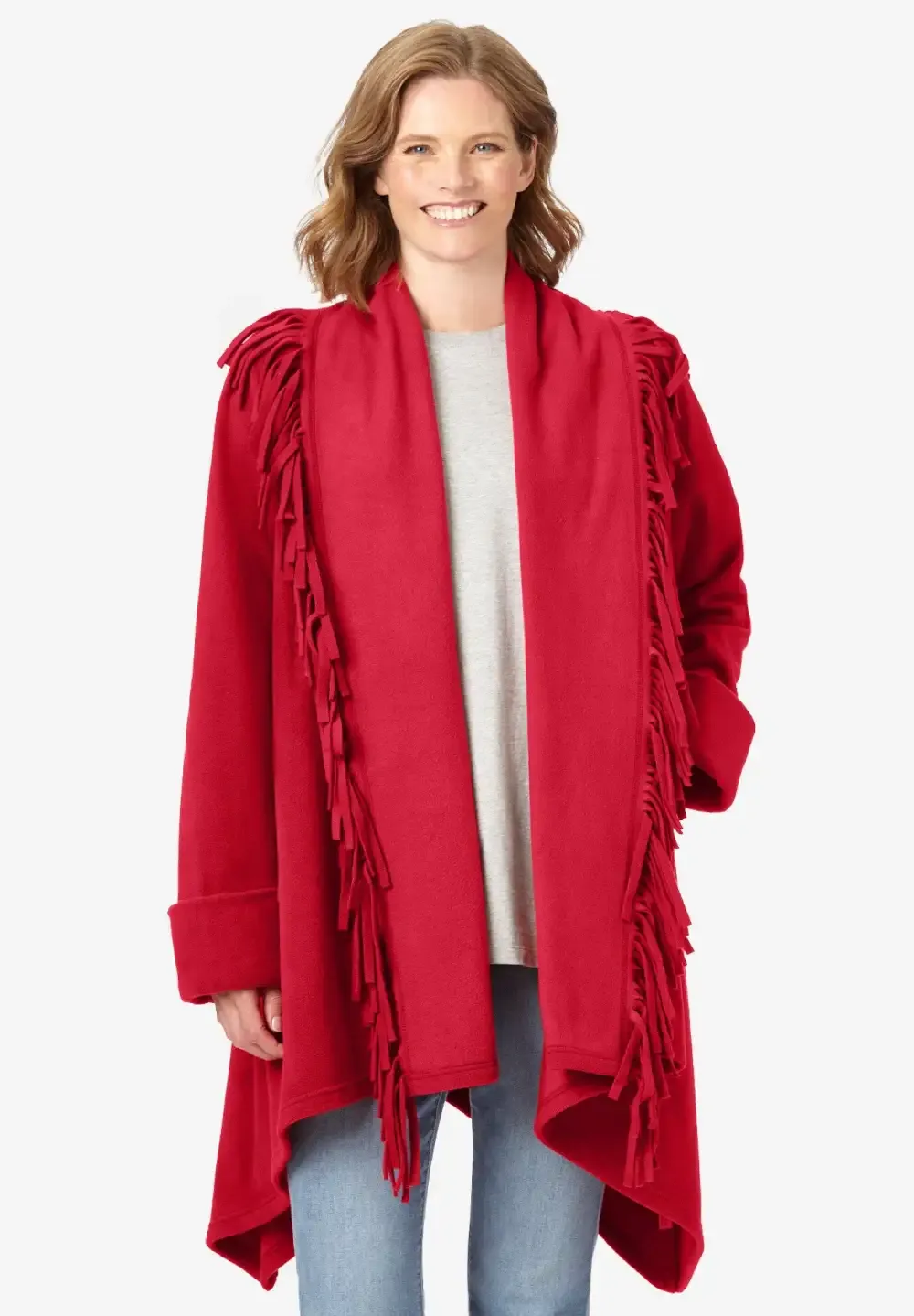 Fringed Shawl Collar Fleece Jacket