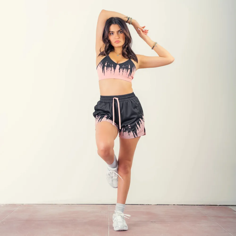 MUAY THAI SHORTS (MID THIGH CUT) SHATTER - BLACK / ROSÉ