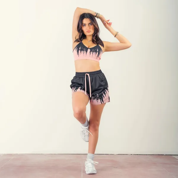 MUAY THAI SHORTS (MID THIGH CUT) SHATTER - BLACK / ROSÉ