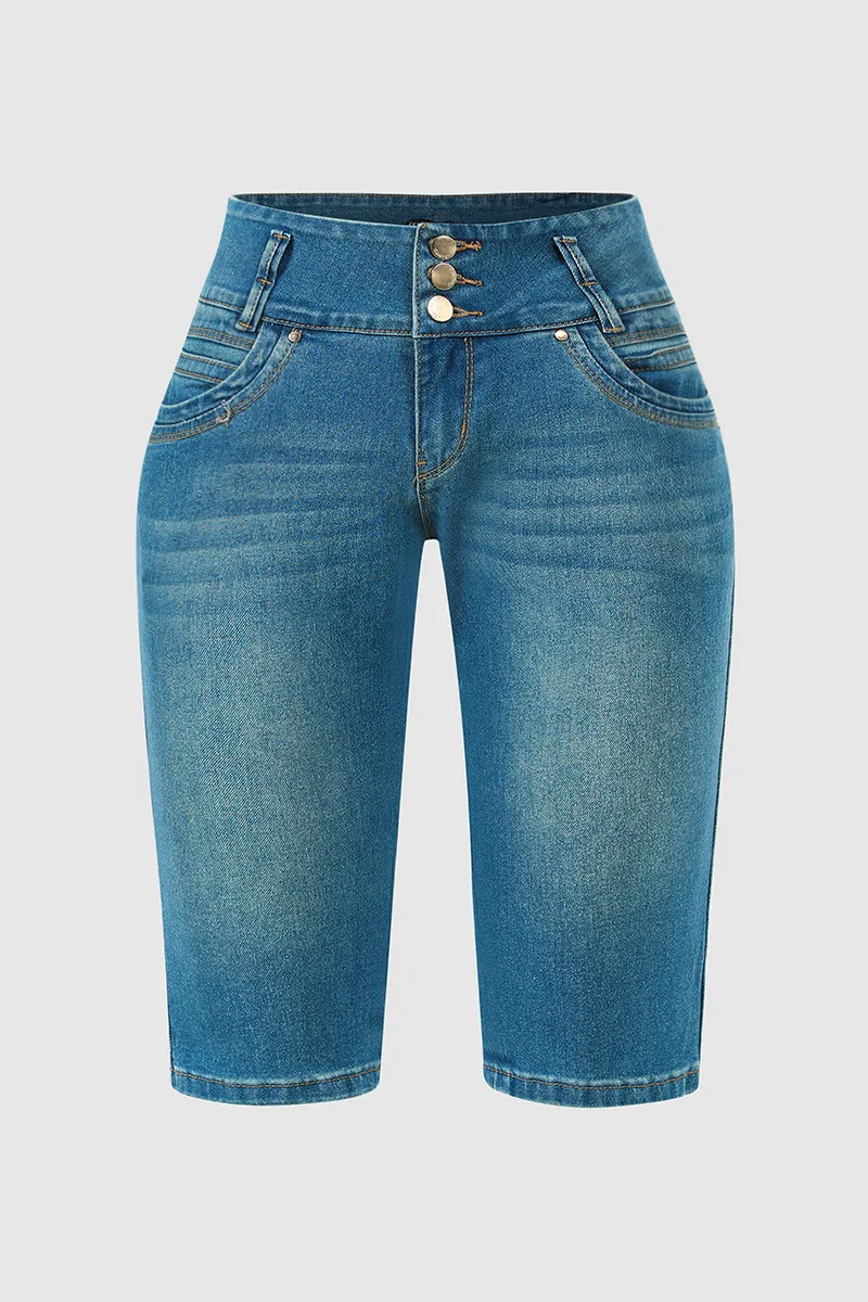 Button Fly Wash High Stretch Mid Waist Capri Jeans