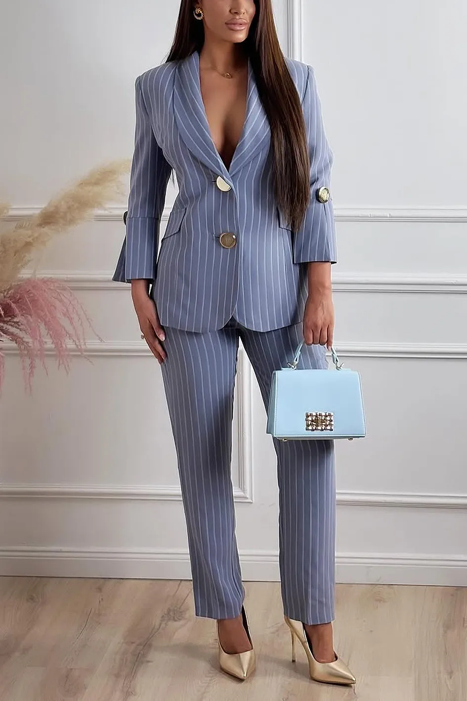 Women'S Fashion Striped Casual Slit Top And Pants Two-Piece Set