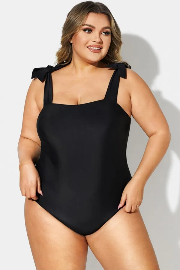 Black Square Adjustable Tie One Piece Swimsuit