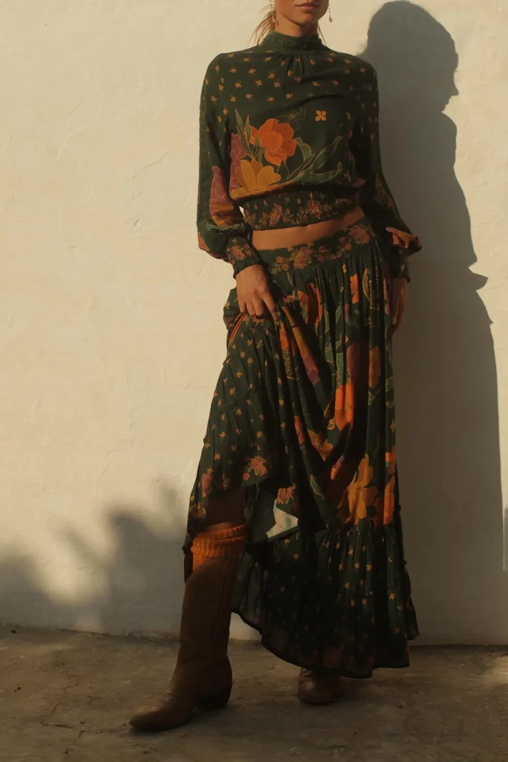 Dark Green And Orange Floral Print Maxi Skirt