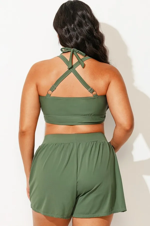 Plus Size Green V-Neck Crossback Bikini Top