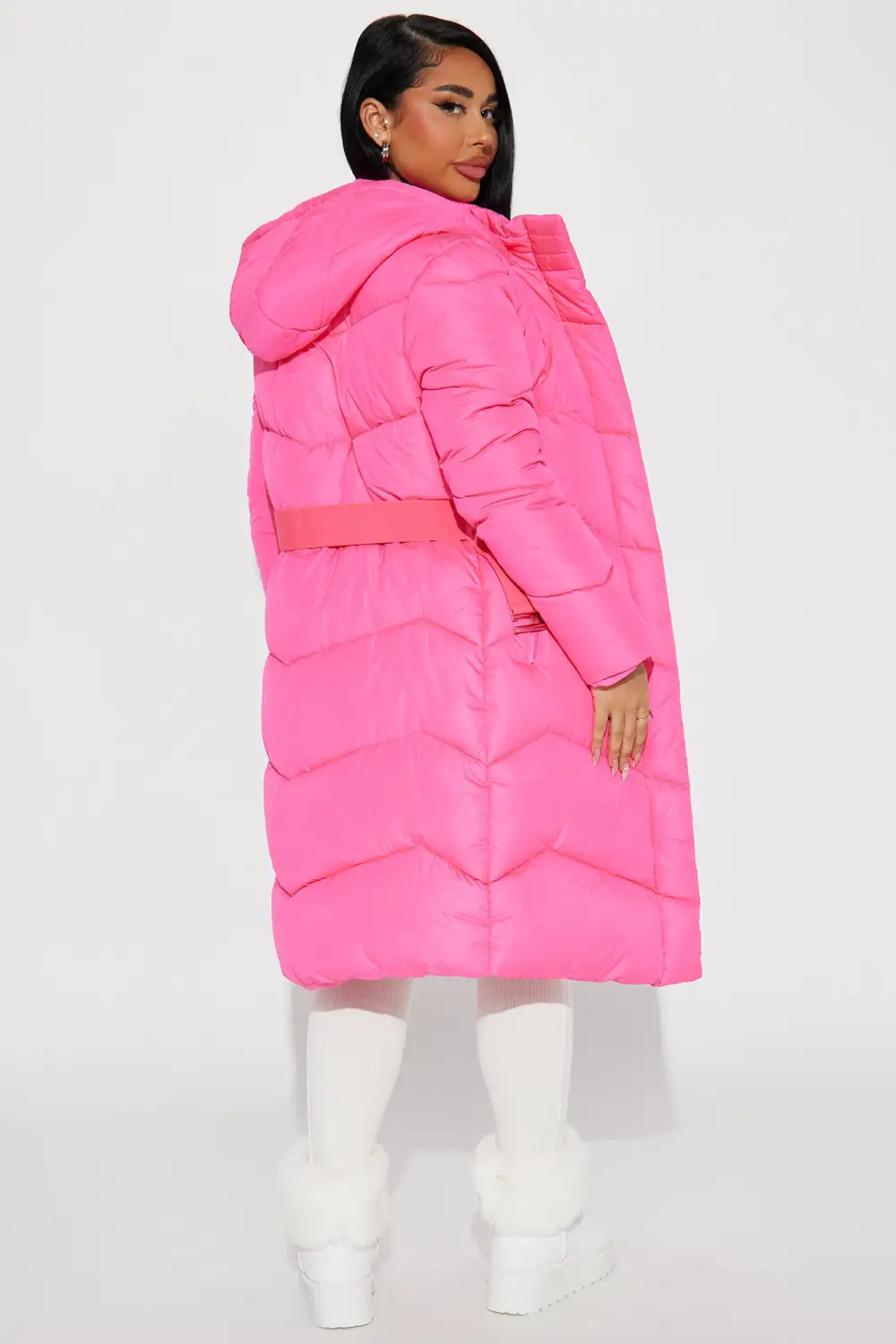Snow Style Belted Puffer Jacket - Hot Pink