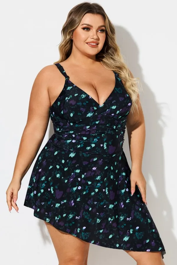 Knotted Front Straps Floral Print V-Neck Asymmetric Swimdress