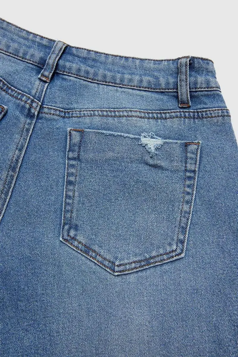 Wash Floral Embroidery Roll Hem Mid Rise Carrot Jeans