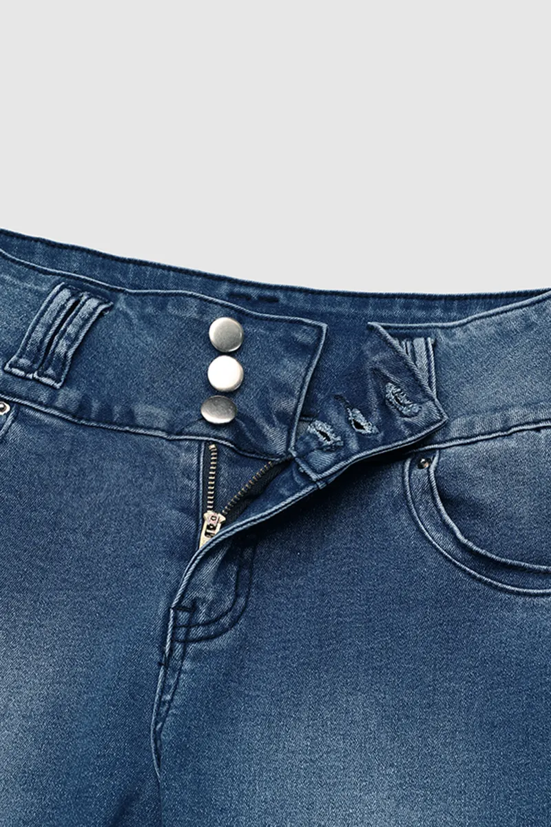 Wash Button Up Split Hem Mid Waist Capri Jeans