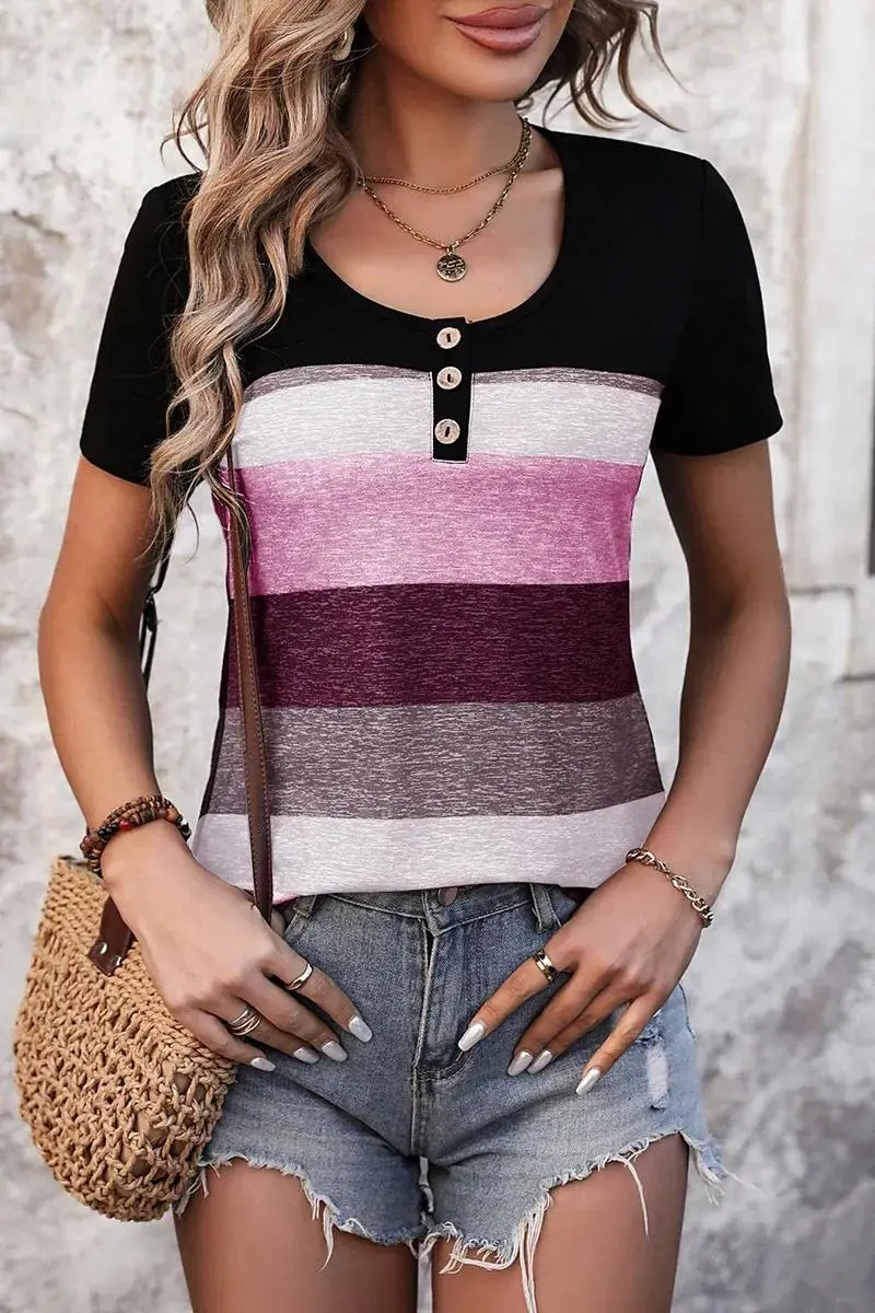 Colorblock Button Front Scoop Neck Short Sleeve T-Shirt
