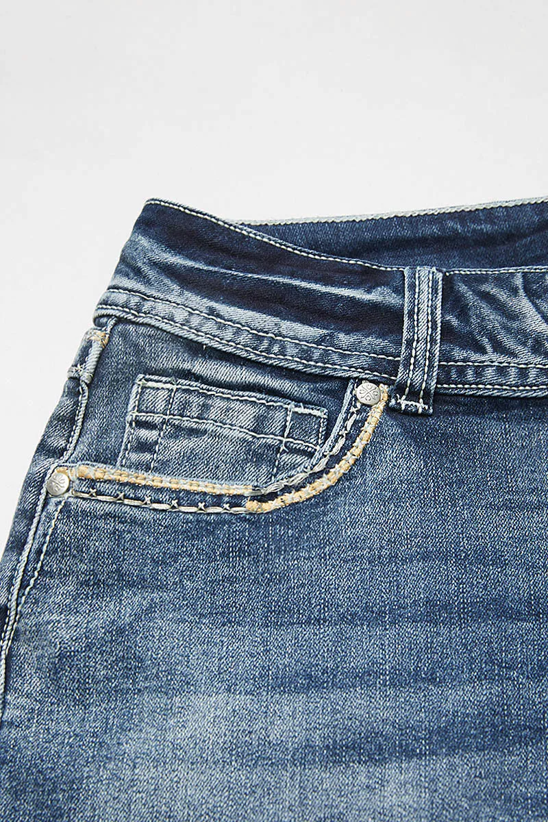 Roll Hem Double Button Mid Rise Denim Shorts