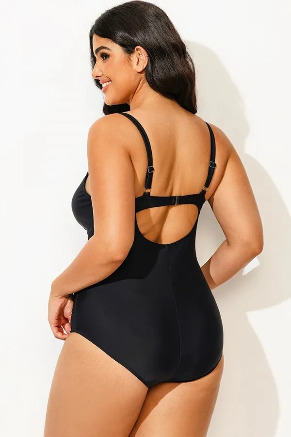 Black Flower Adjustable Straps Cut Out Front One Piece Swimsuit