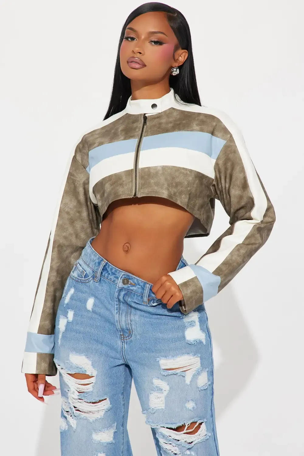 Between The Lines Washed Faux Leather Jacket - Grey/combo