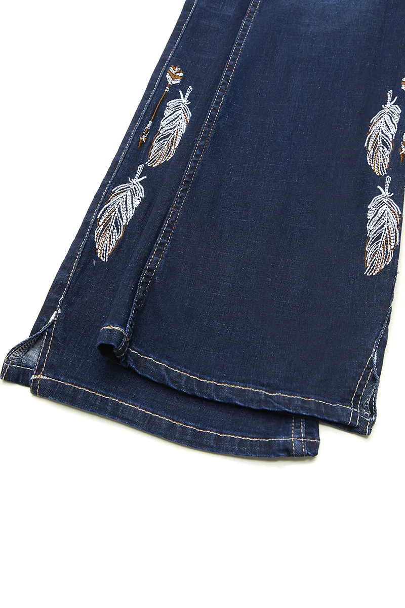 Feather Embroidery Split Hem Mid Waist Bootcut Jeans