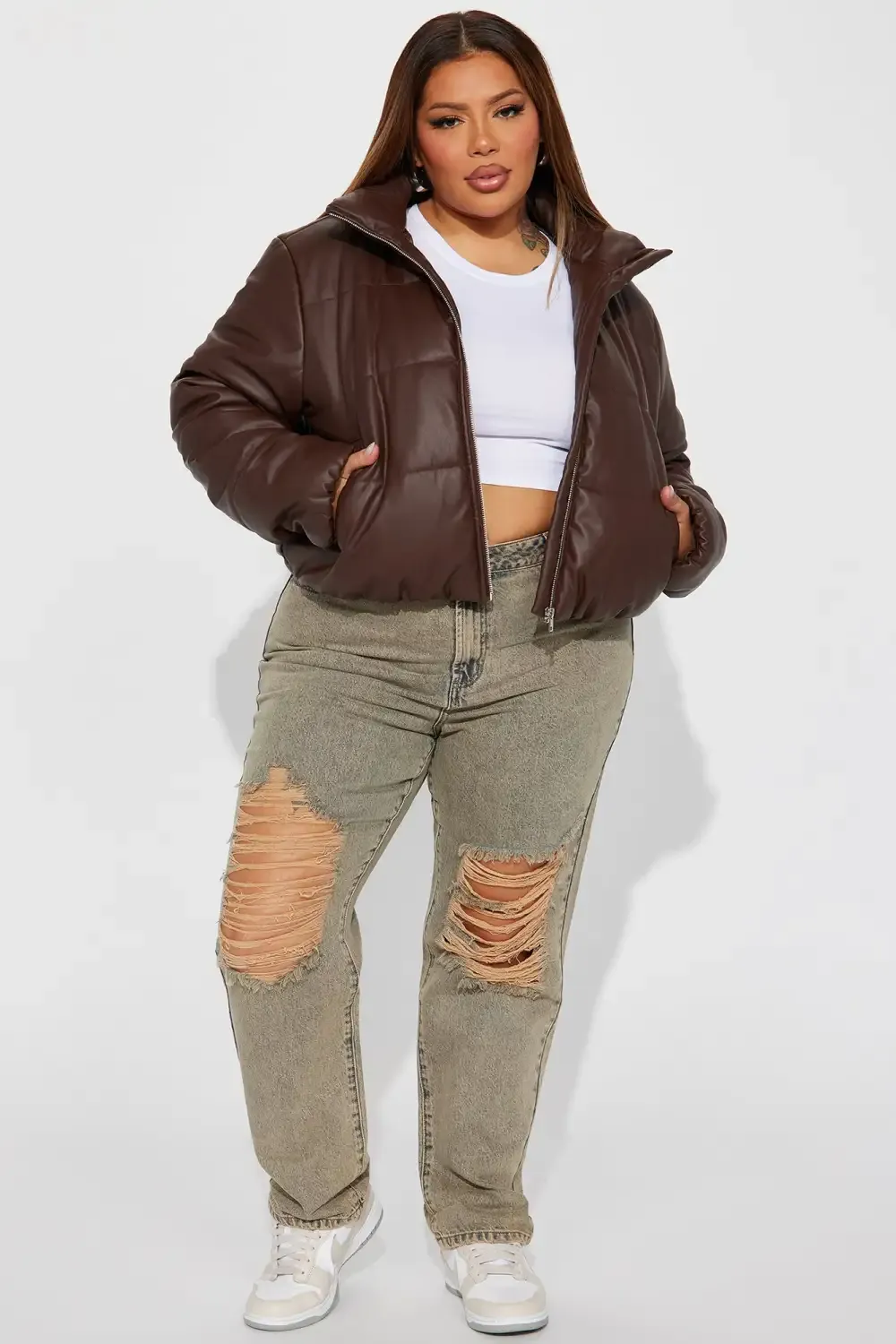 Vixen Faux Leather Puffer Jacket - Brown