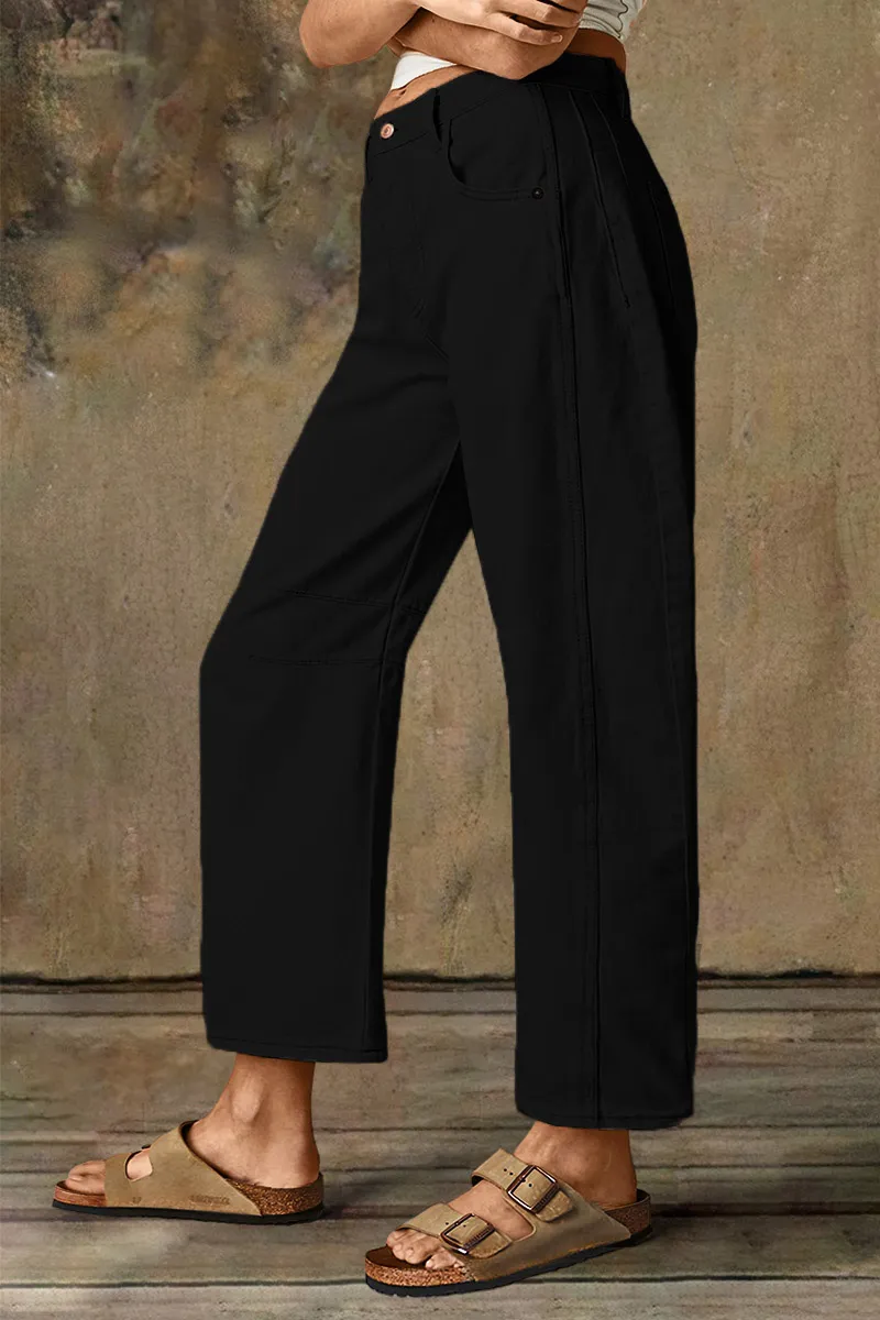 Solid Stitch Detail Mid Waist Crop Straight Leg Jeans Without Belt