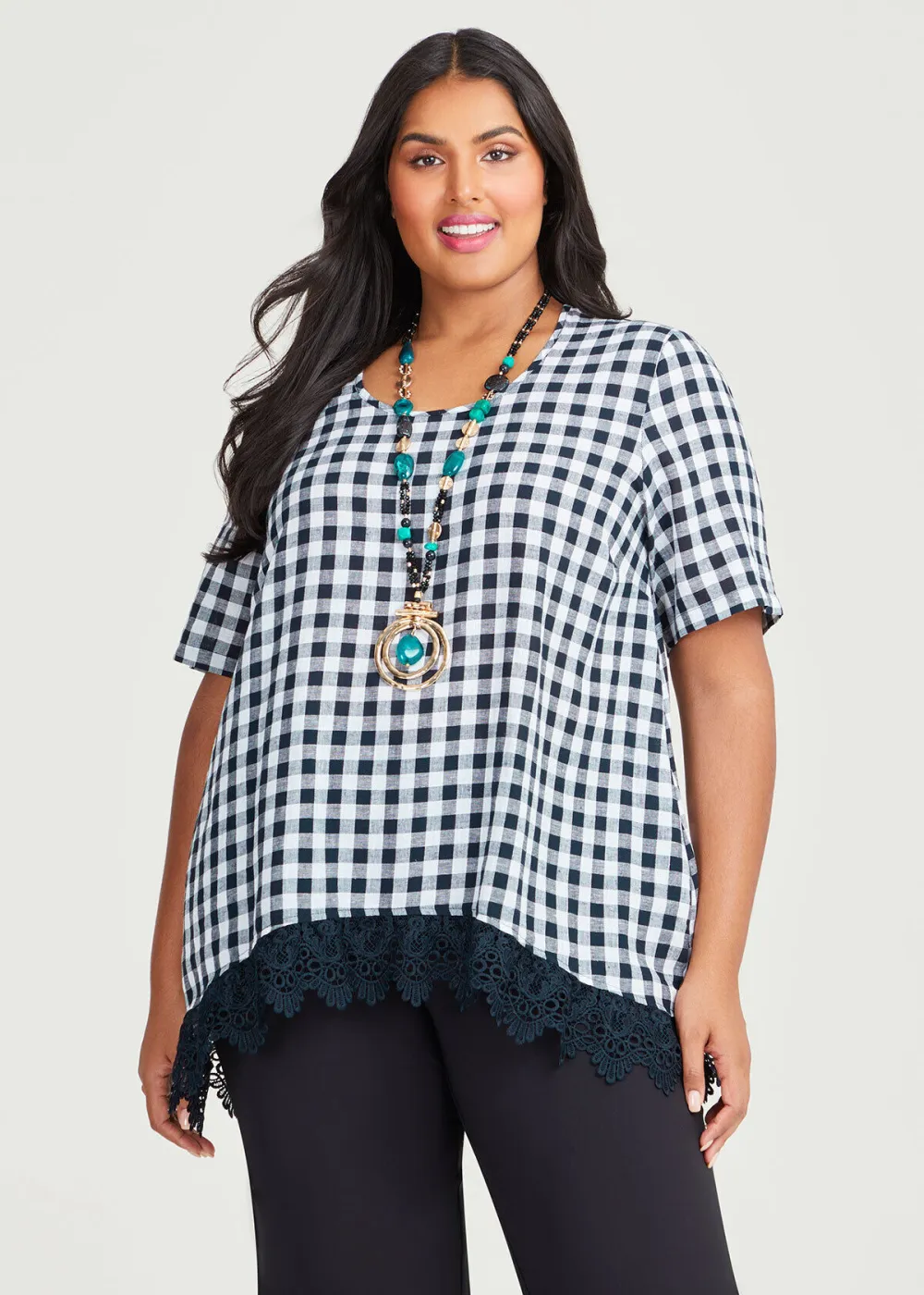 Linen Blend Check Lace Top