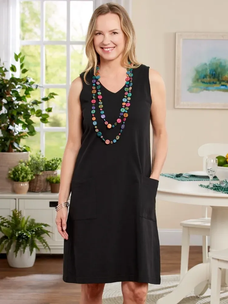 M.MAC Solid Cotton Knit Sleeveless Knee-Length Dress With Pockets