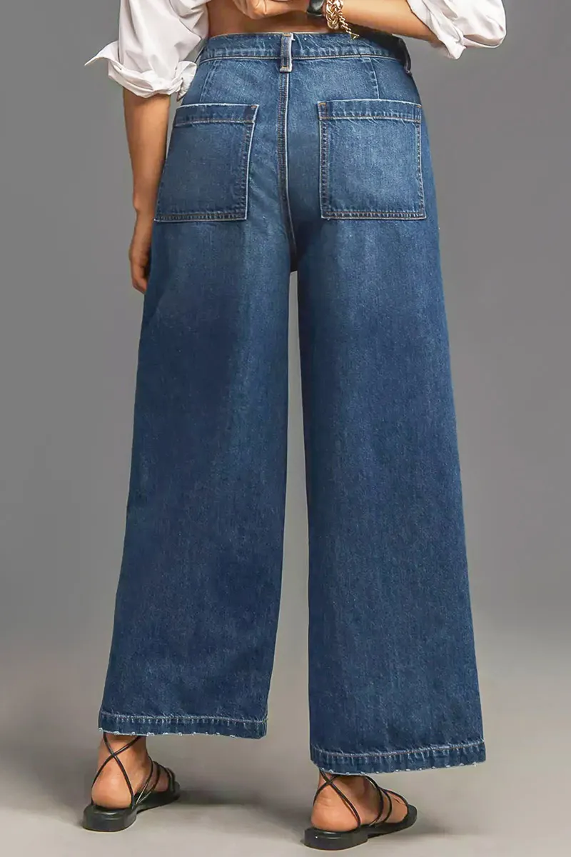 Wash Stitch Detail Raw Hem Wide Leg Mid Rise Jeans