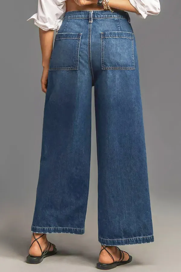 Wash Stitch Detail Raw Hem Wide Leg Mid Rise Jeans