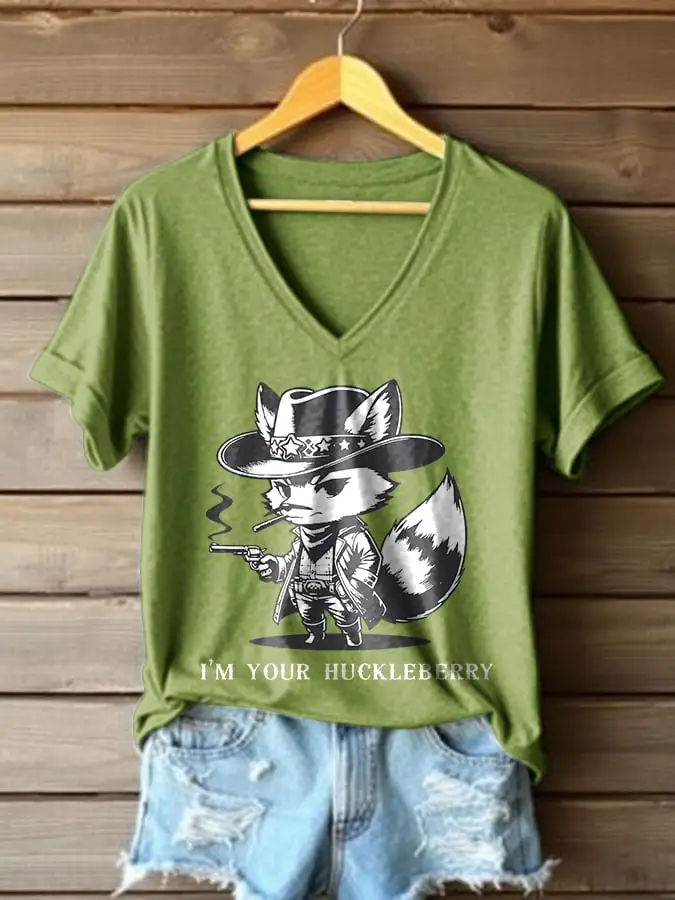 V-Neck Retro I'm Your Huckleberry Western Print T-Shirt