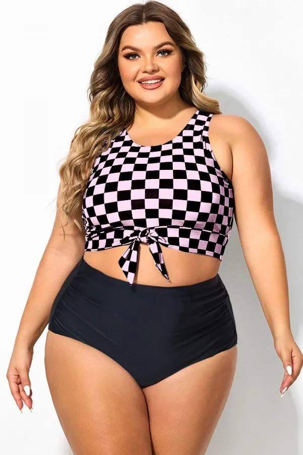 Black & Pink Check Knotted Crop Bikini Top