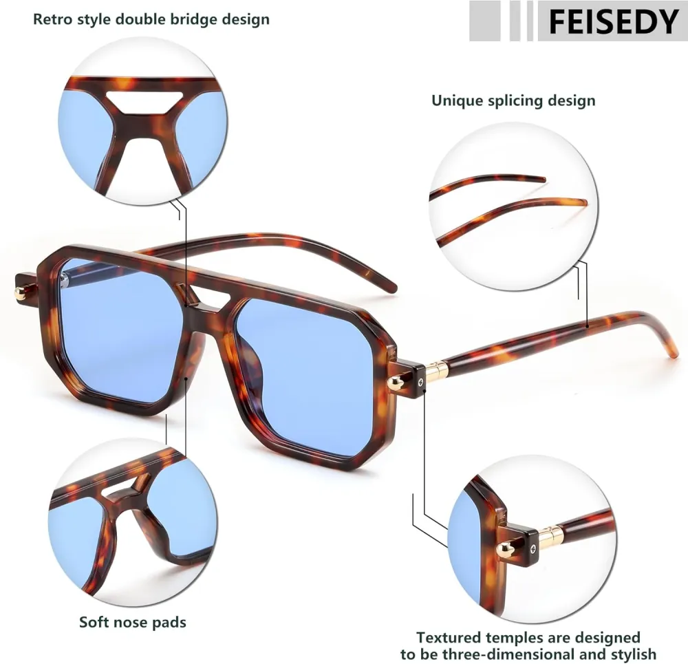 FEISEDY Vintage Square 70s Flat Aviator Sunglasses Women Men Classic Retro Stylish Frame UV400 Sunglasses B2622