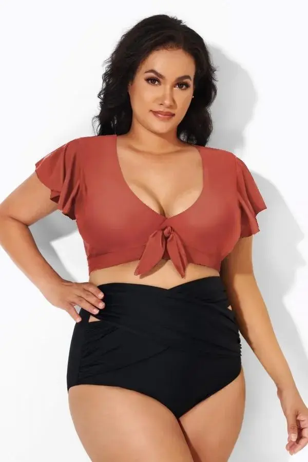White Flutter-Sleeve Tie Detail Bikini Top