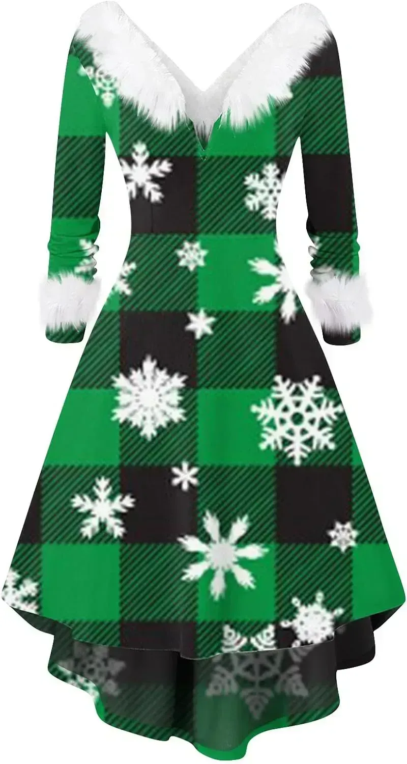 Womens Christmas Dress Fuzzy Mrs Claus Christmas Holiday Xmas Cocktail Holiday Party Flare Dress