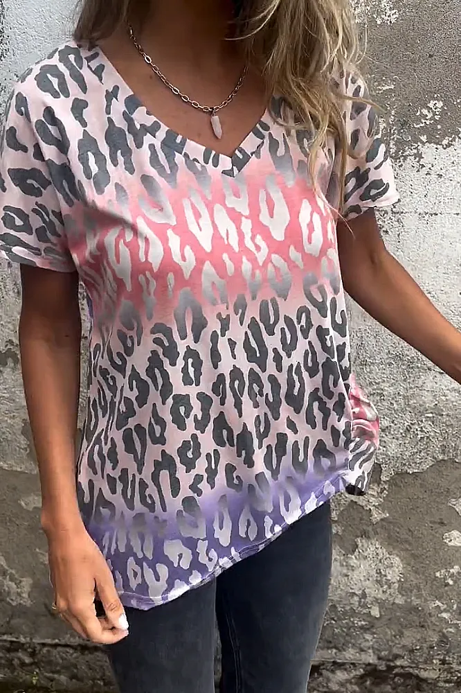 Women's Leopard print gradient V-neck strap casual T-shirt