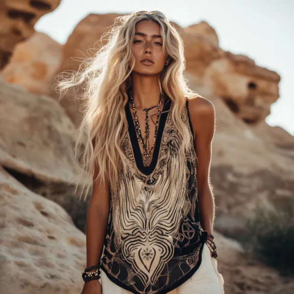 Women's Viking Tribal Ethnic Linen V-neek Sleeveless Top
