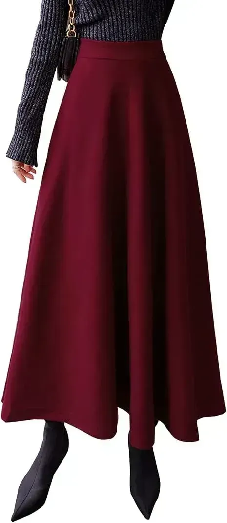 Women's Winter Elegant Warm Long Skirt Wool Maxi Skirts Elastic Waist A-Line High Waist Plaid Pleated Skirt S-3XL