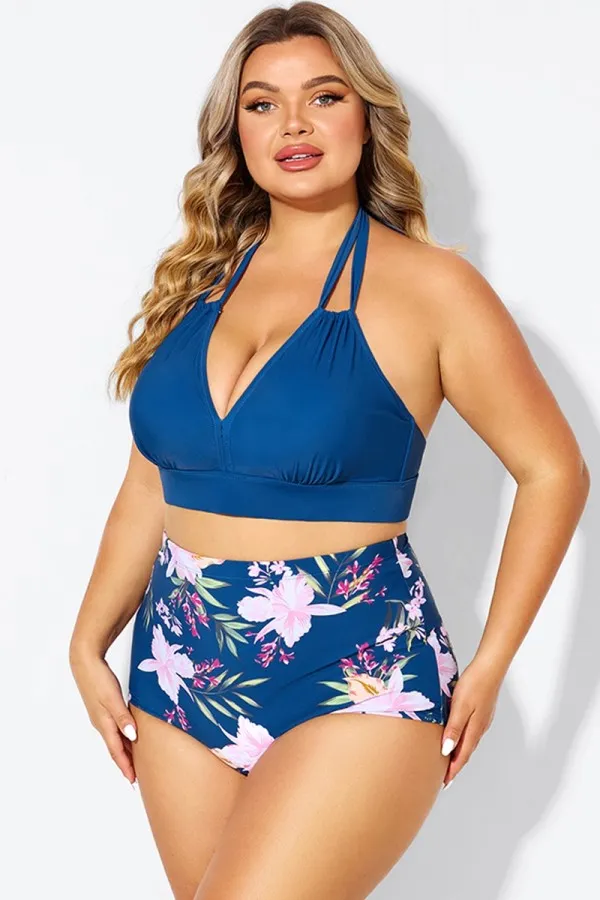 Black and Purple Printed Halter Sexy Bikini Set