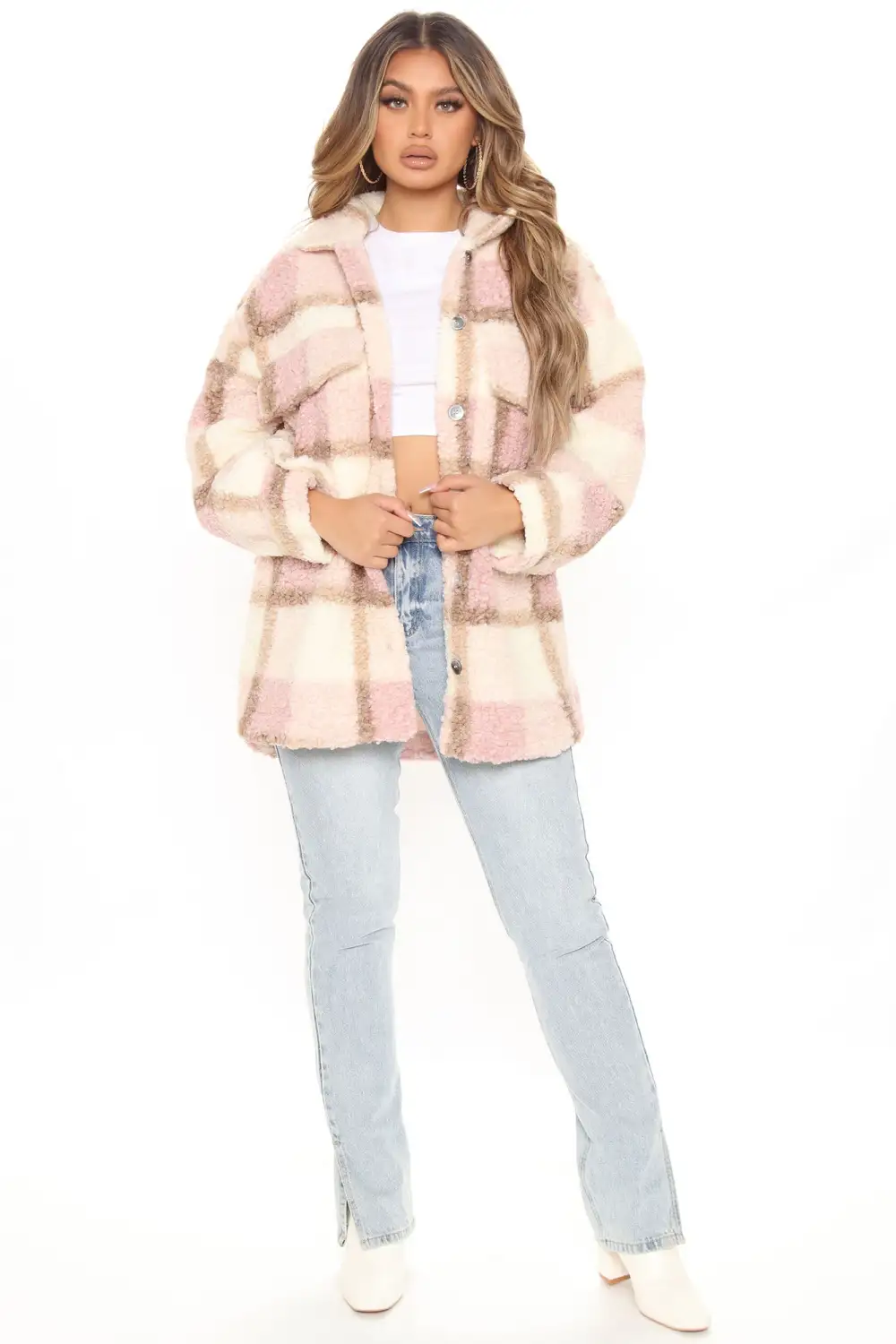 Sipping Coffee Sherpa Plaid Shacket - Mauve/combo