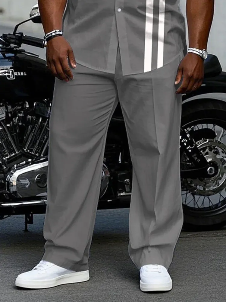 Big Men'S Business Simple Grey & White Colorblock Short Sleeve Shirt Trousers Set