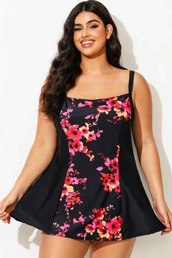 Floral Print Adjustable Wide Strap Swimdress