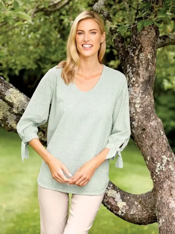 Seersucker Tunic Top With Tie Cuffs