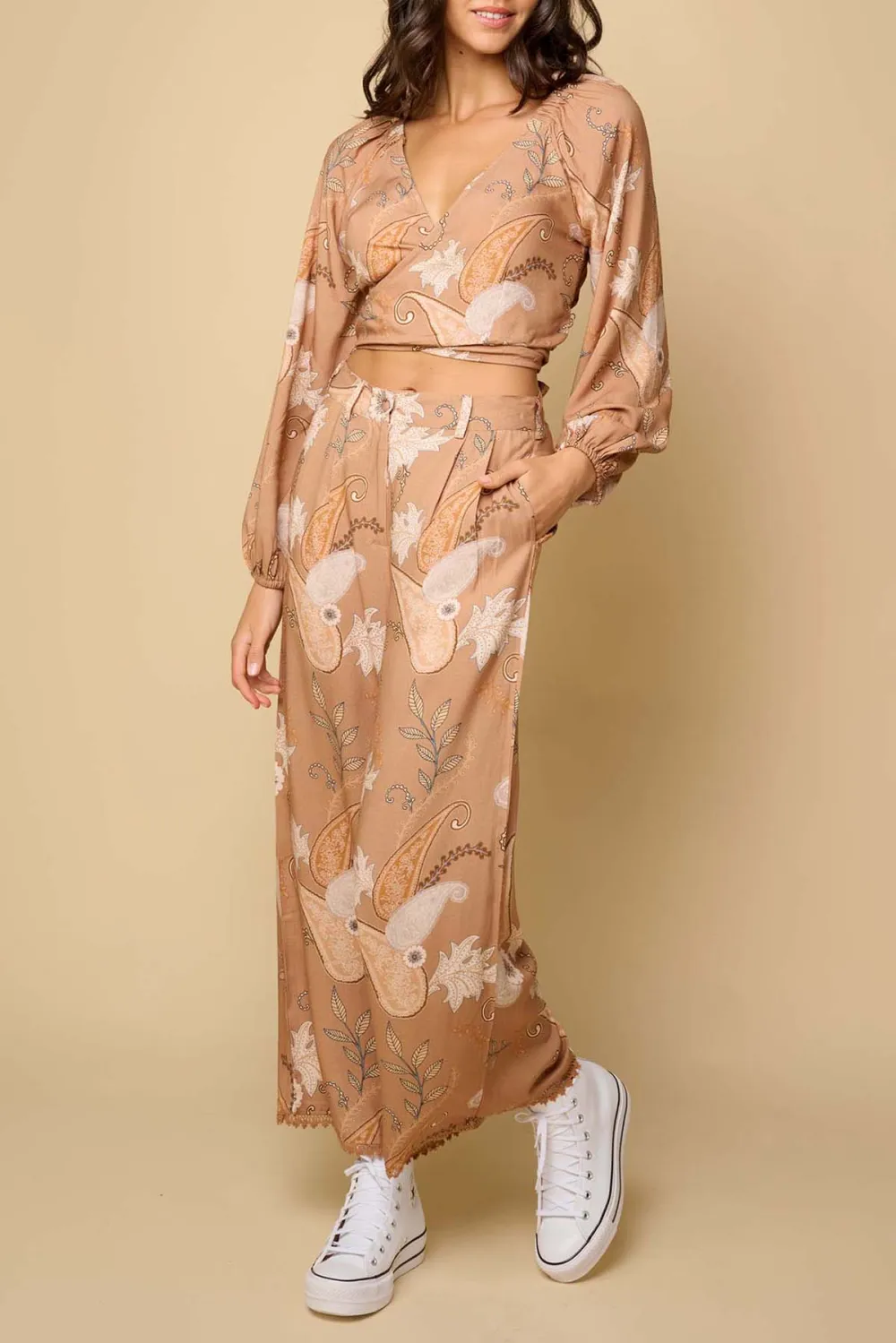 Tan Print Crop Top And Pants Set