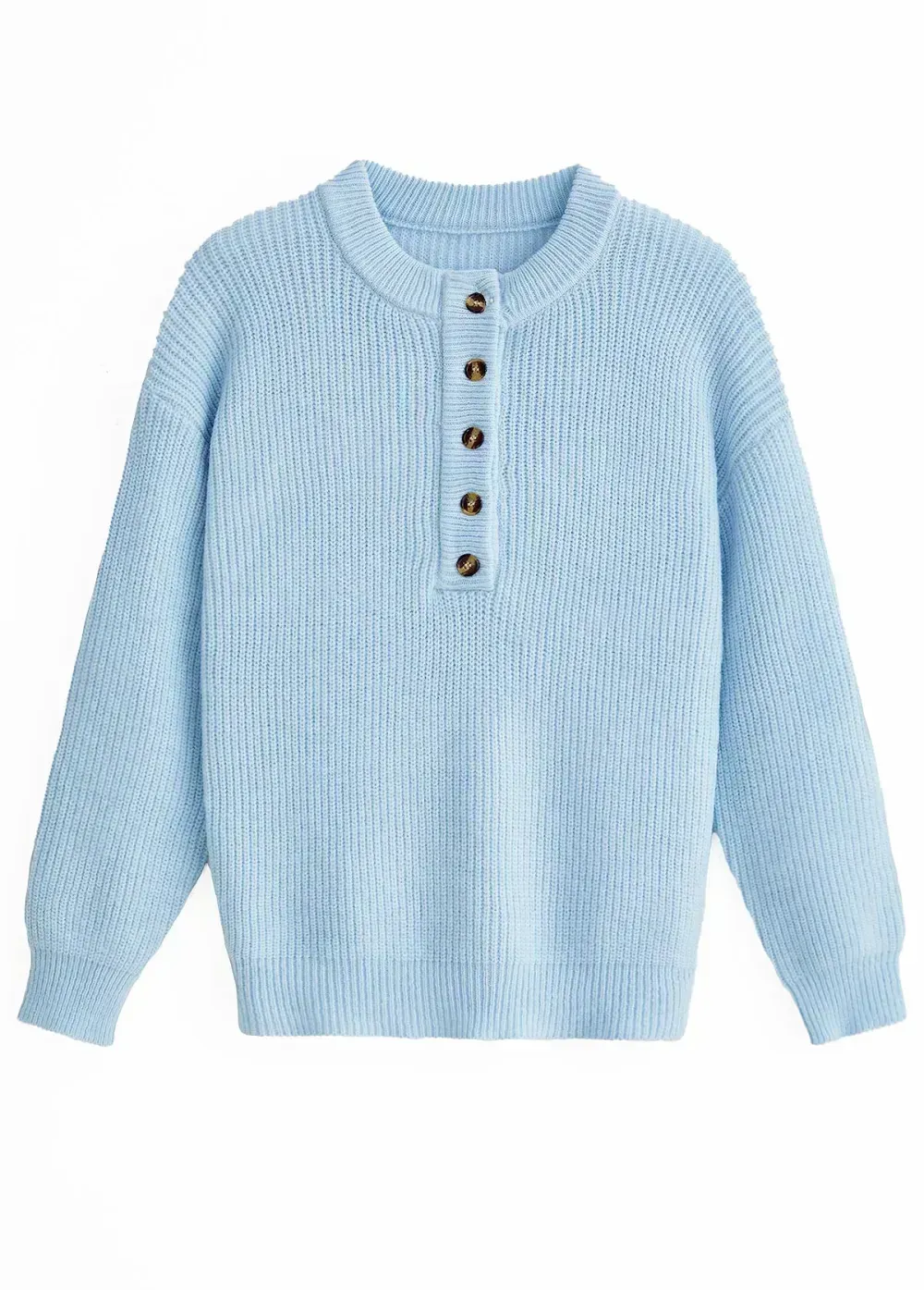 Light Blue Button Long Sleeve Split Neck Sweater